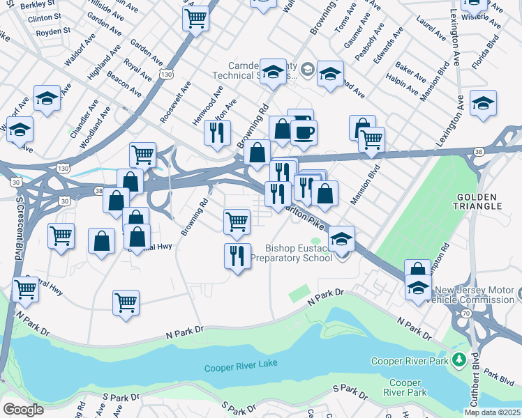 map of restaurants, bars, coffee shops, grocery stores, and more near 5224 Marlton Pike in Pennsauken