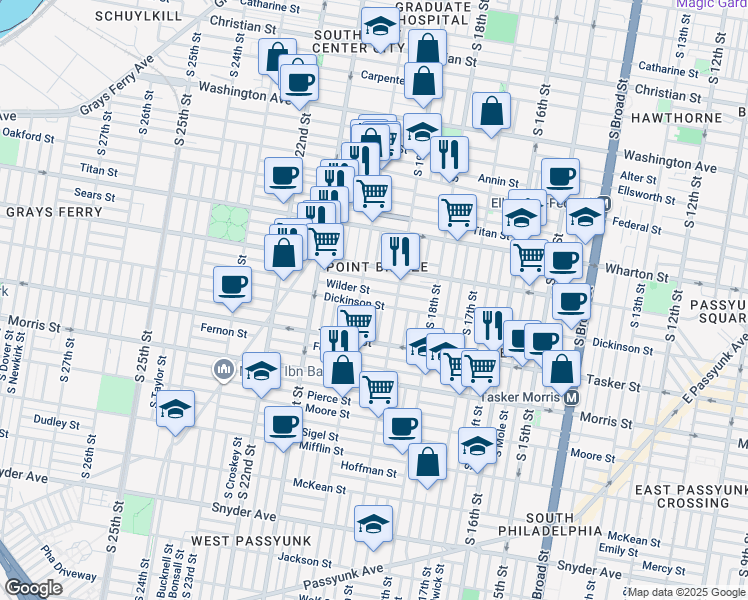 map of restaurants, bars, coffee shops, grocery stores, and more near 1929 Dickinson Street in Philadelphia