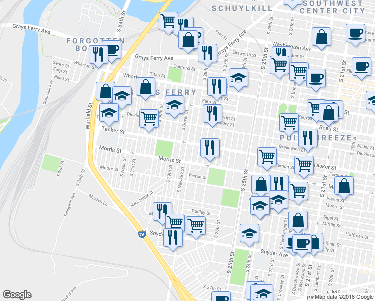 map of restaurants, bars, coffee shops, grocery stores, and more near 1621 South Newkirk Street in Philadelphia