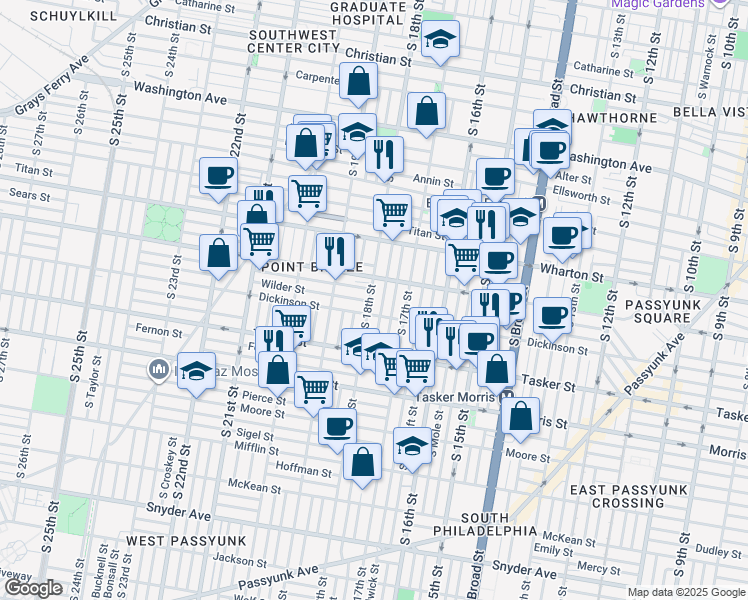 map of restaurants, bars, coffee shops, grocery stores, and more near 1428 South Bouvier Street in Philadelphia