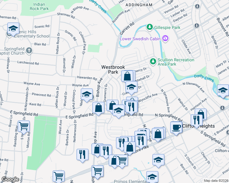 map of restaurants, bars, coffee shops, grocery stores, and more near 274 Westpark Lane in Clifton Heights
