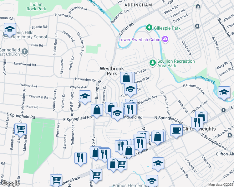 map of restaurants, bars, coffee shops, grocery stores, and more near 274 Westpark Lane in Clifton Heights