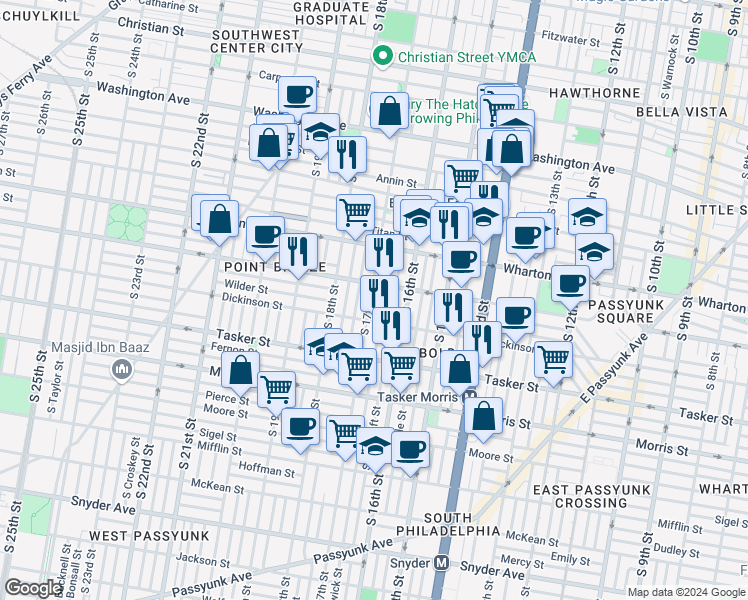 map of restaurants, bars, coffee shops, grocery stores, and more near 1415 South 17th Street in Philadelphia