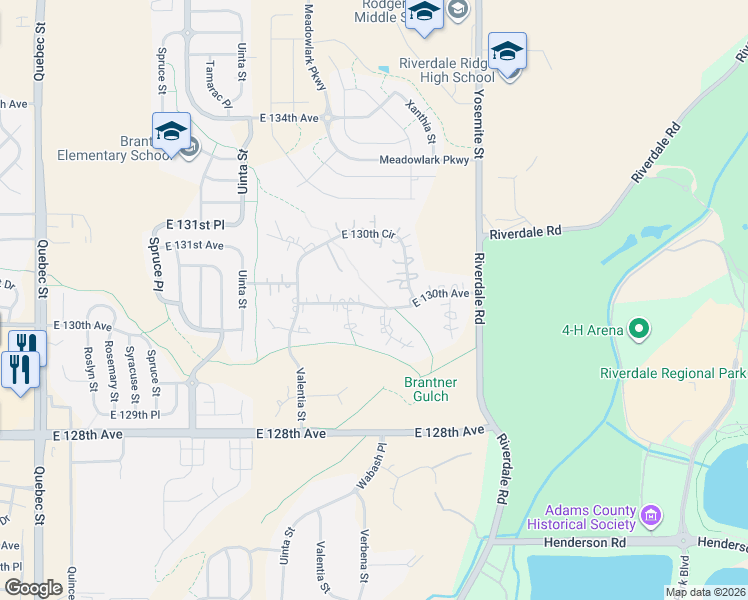 map of restaurants, bars, coffee shops, grocery stores, and more near 8489 East 130th Avenue in Thornton