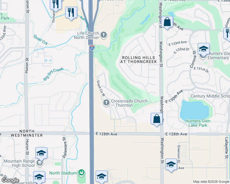 map of restaurants, bars, coffee shops, grocery stores, and more near 13029 Grant Circle East in Thornton