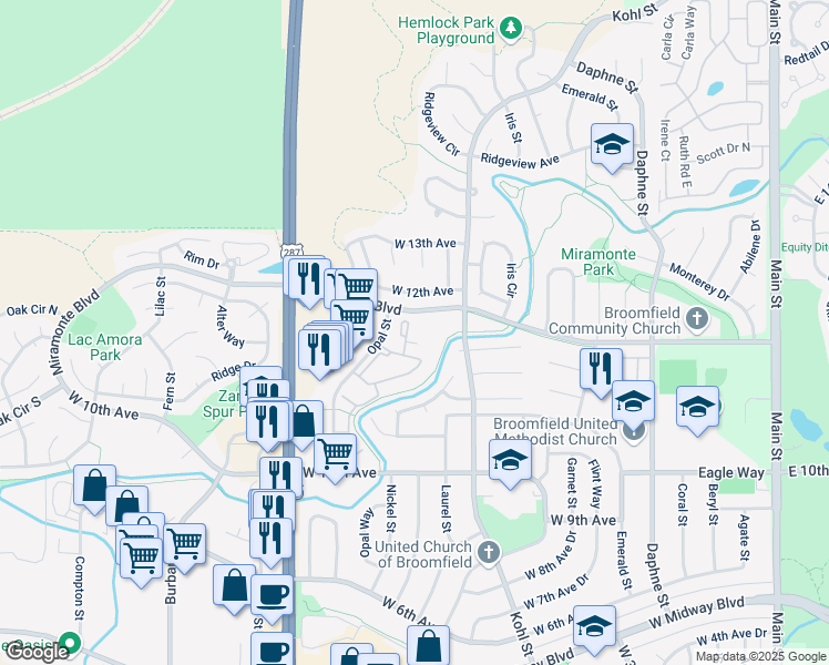 map of restaurants, bars, coffee shops, grocery stores, and more near 1186 Opal Street in Broomfield