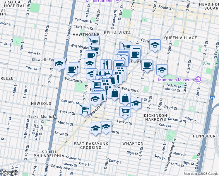 map of restaurants, bars, coffee shops, grocery stores, and more near 1309 South 10th Street in Philadelphia