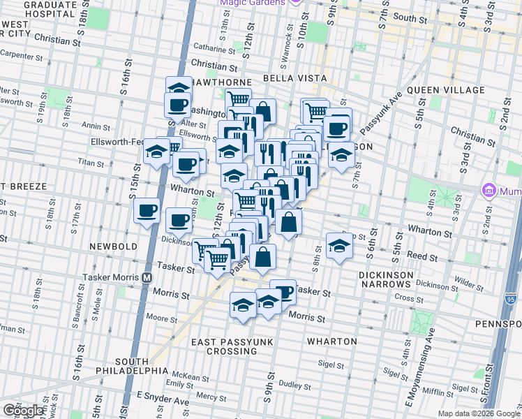 map of restaurants, bars, coffee shops, grocery stores, and more near in Philadelphia