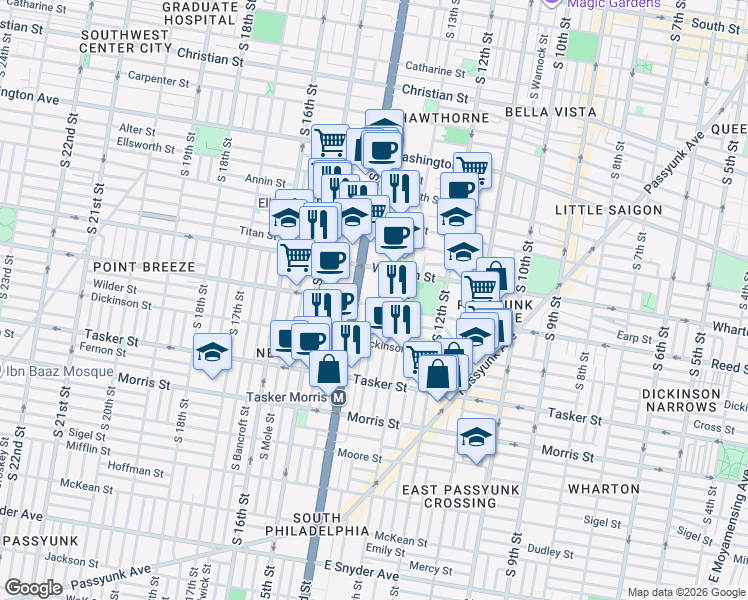 map of restaurants, bars, coffee shops, grocery stores, and more near 1323 Reed Street in Philadelphia