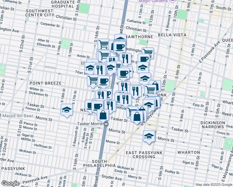 map of restaurants, bars, coffee shops, grocery stores, and more near 1323 Reed Street in Philadelphia