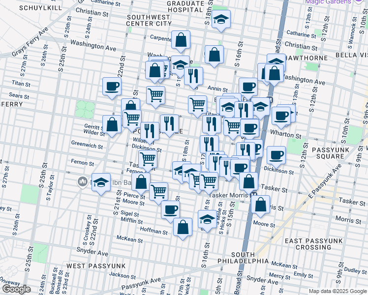 map of restaurants, bars, coffee shops, grocery stores, and more near 1428 South Bouvier Street in Philadelphia