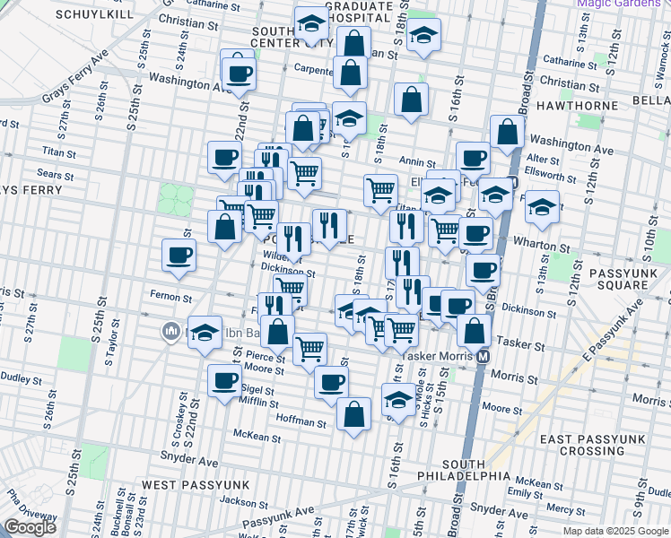 map of restaurants, bars, coffee shops, grocery stores, and more near 1842 Wilder Street in Philadelphia