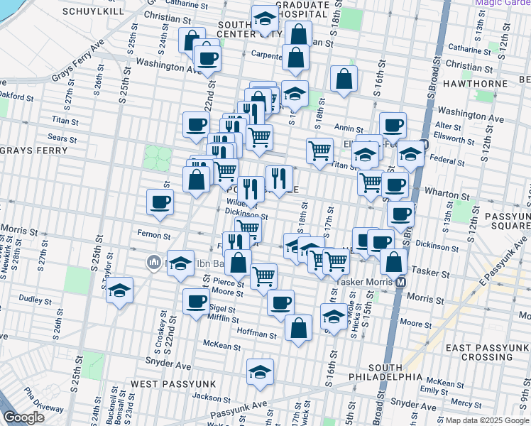 map of restaurants, bars, coffee shops, grocery stores, and more near 1929 Dickinson Street in Philadelphia