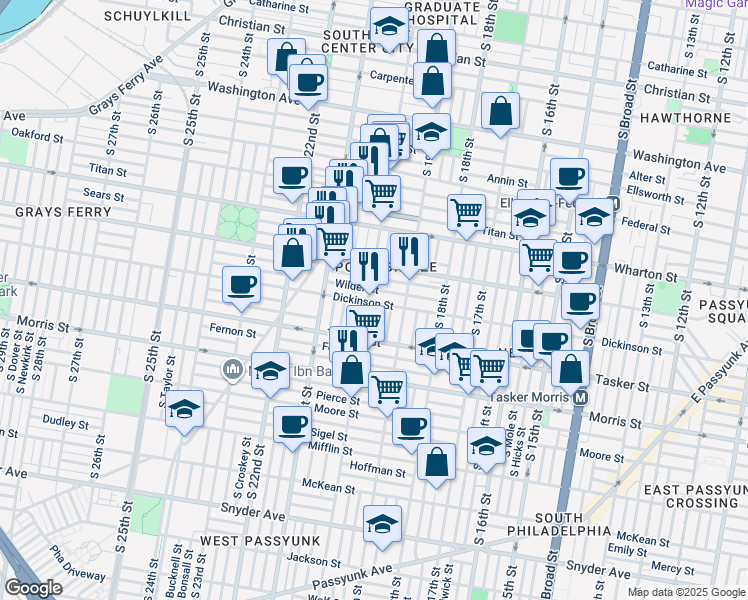 map of restaurants, bars, coffee shops, grocery stores, and more near 1929 Dickinson Street in Philadelphia