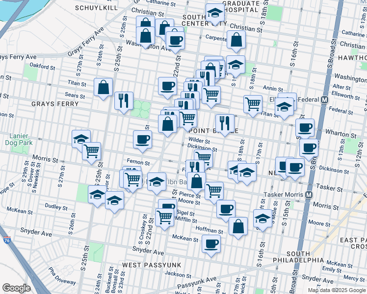 map of restaurants, bars, coffee shops, grocery stores, and more near 2104 Dickinson Street in Philadelphia