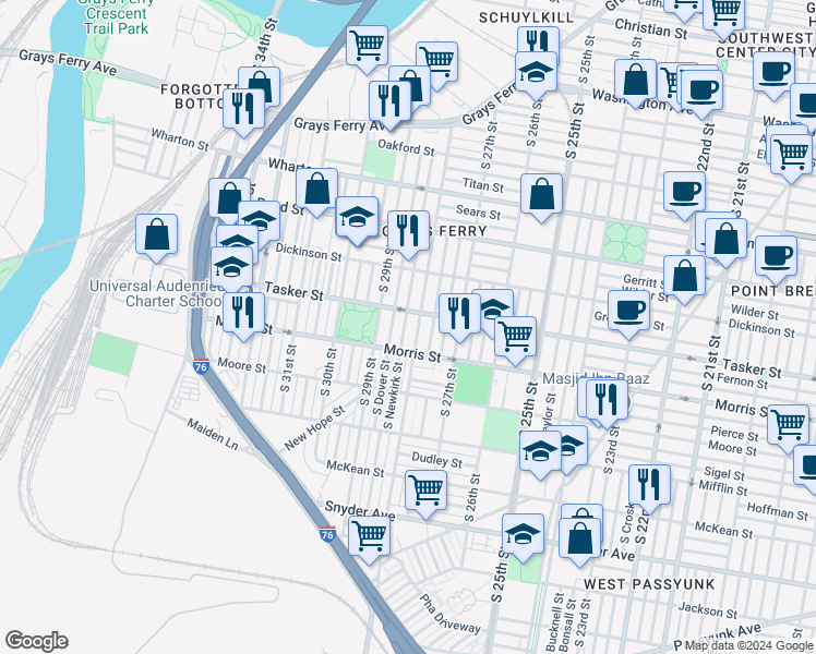 map of restaurants, bars, coffee shops, grocery stores, and more near 1621 South Newkirk Street in Philadelphia