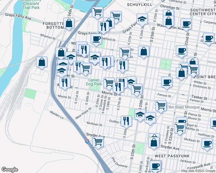 map of restaurants, bars, coffee shops, grocery stores, and more near 1622 South Newkirk Street in Philadelphia