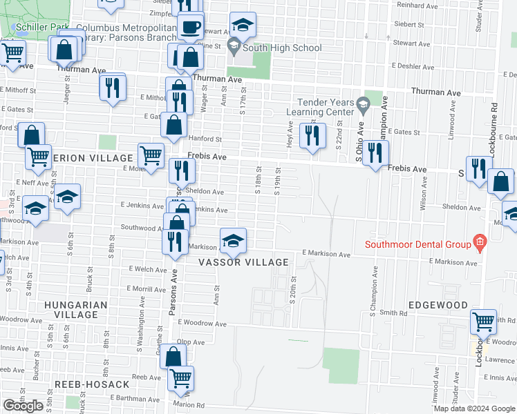 map of restaurants, bars, coffee shops, grocery stores, and more near 646 East Jenkins Avenue in Columbus