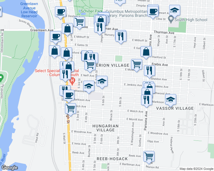 map of restaurants, bars, coffee shops, grocery stores, and more near 211 East Jenkins Avenue in Columbus