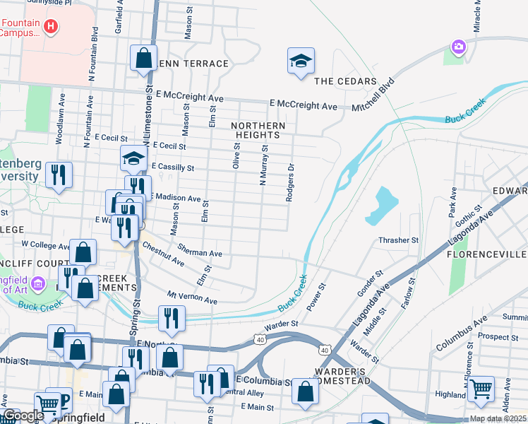 map of restaurants, bars, coffee shops, grocery stores, and more near 721 North Murray Street in Springfield