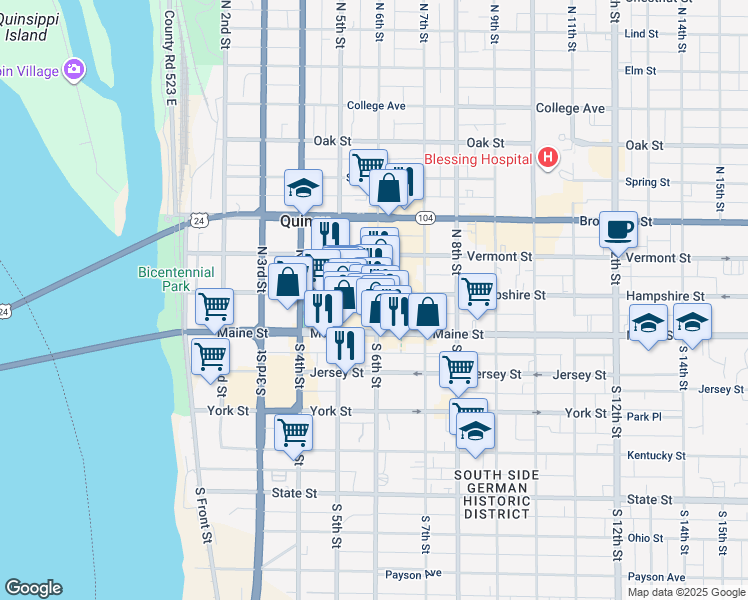 map of restaurants, bars, coffee shops, grocery stores, and more near 135 North 6th Street in Quincy