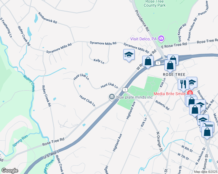 map of restaurants, bars, coffee shops, grocery stores, and more near 1204 Hunt Club Lane in Media
