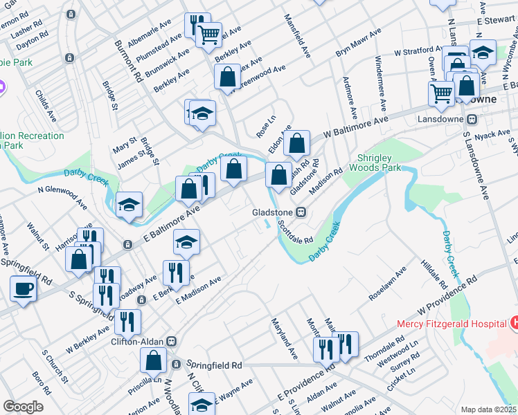 map of restaurants, bars, coffee shops, grocery stores, and more near 117 Jackson Street in Clifton Heights