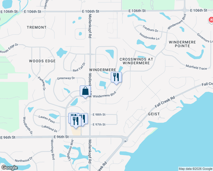 map of restaurants, bars, coffee shops, grocery stores, and more near 10040 Glenn Abbey Lane in Fishers