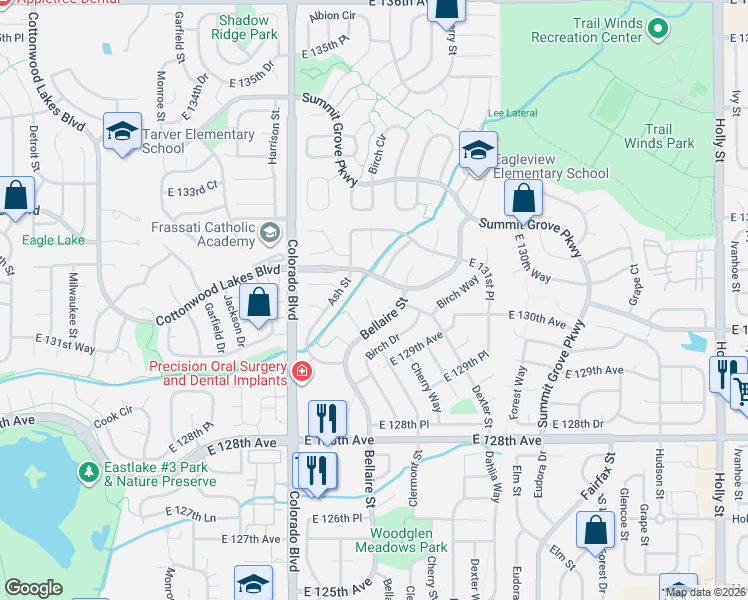 map of restaurants, bars, coffee shops, grocery stores, and more near 4237 East 130th Drive in Thornton