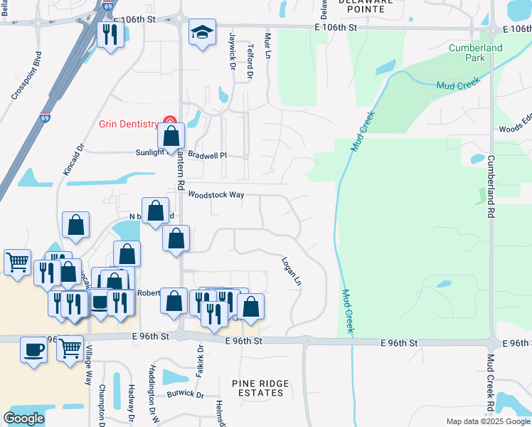 map of restaurants, bars, coffee shops, grocery stores, and more near 10055 Walthan Way in Fishers