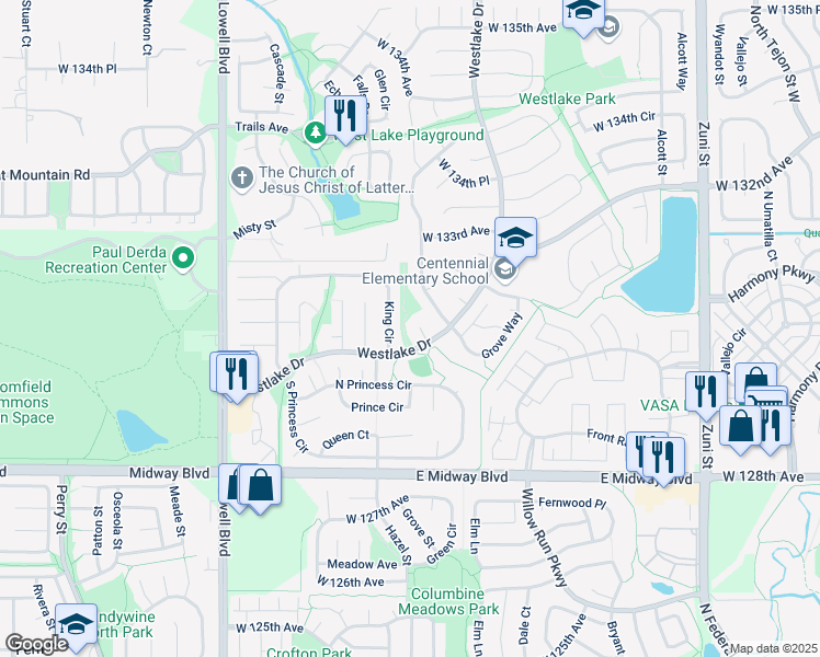 map of restaurants, bars, coffee shops, grocery stores, and more near 13023 Grove Circle in Broomfield