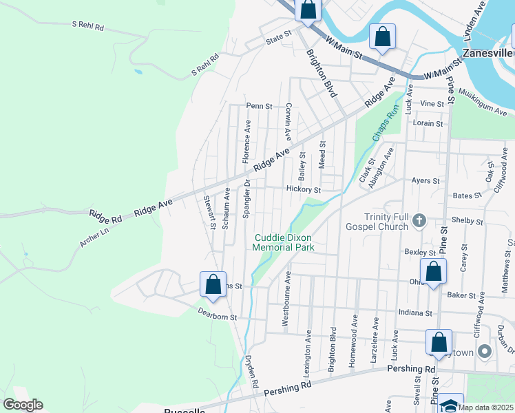 map of restaurants, bars, coffee shops, grocery stores, and more near 489 Gray Street in Zanesville