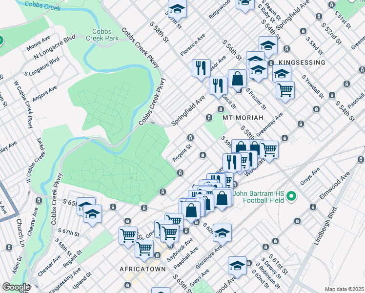 map of restaurants, bars, coffee shops, grocery stores, and more near 6030 Chester Avenue in Philadelphia