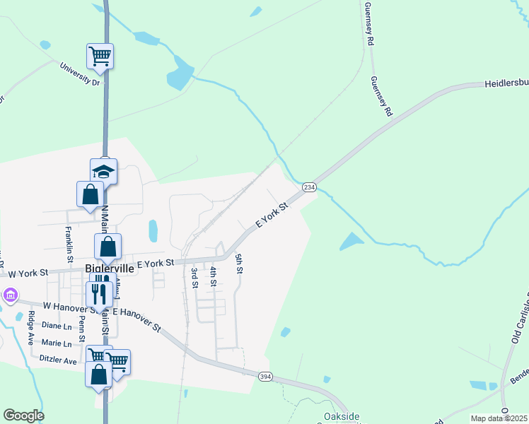 map of restaurants, bars, coffee shops, grocery stores, and more near 322 East York Street in Biglerville