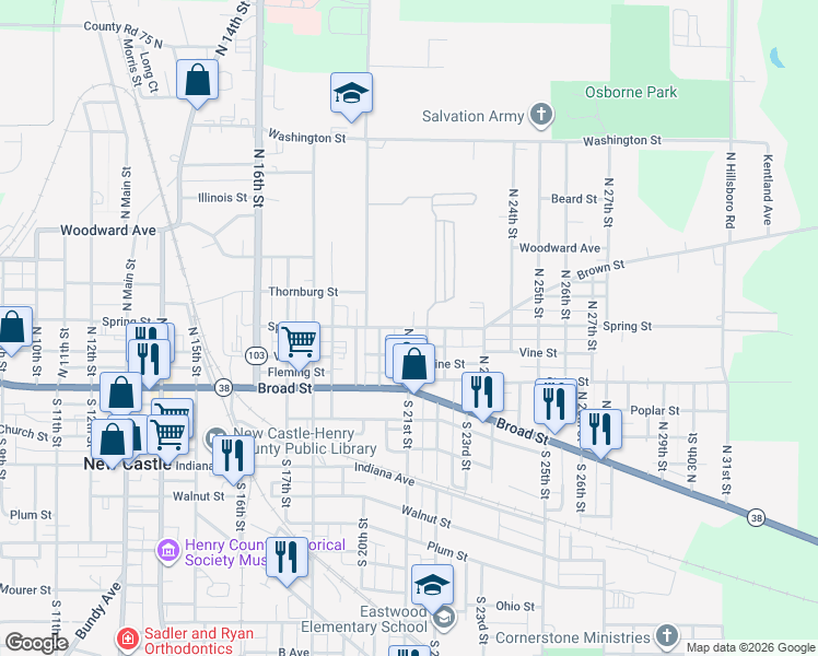 map of restaurants, bars, coffee shops, grocery stores, and more near 2101 Spring Street in New Castle
