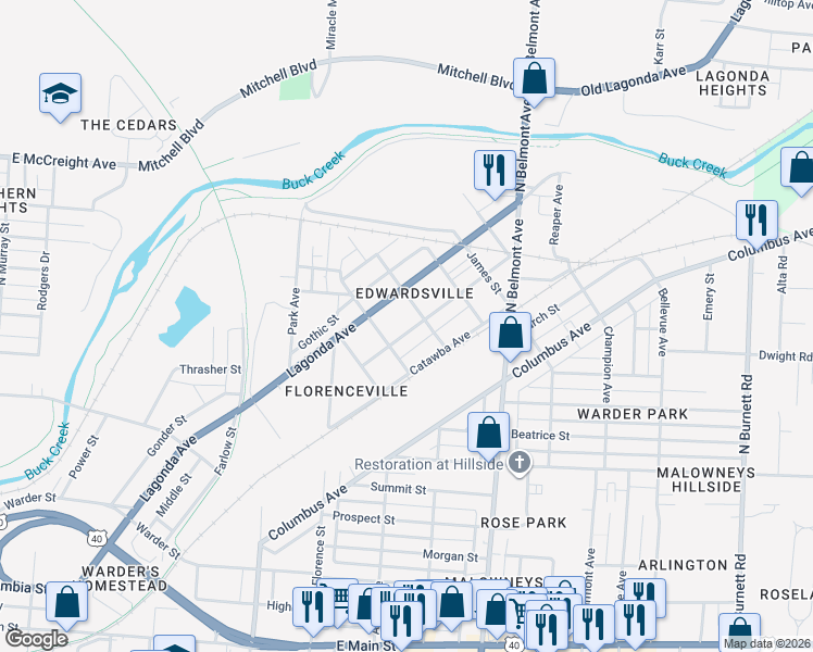 map of restaurants, bars, coffee shops, grocery stores, and more near 1676 Edwards Avenue in Springfield