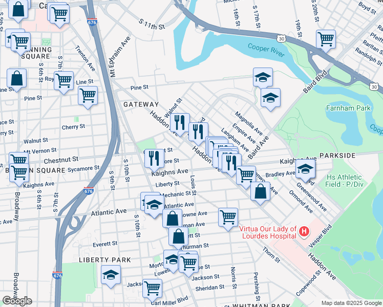 map of restaurants, bars, coffee shops, grocery stores, and more near 1259 Sycamore Street in Camden