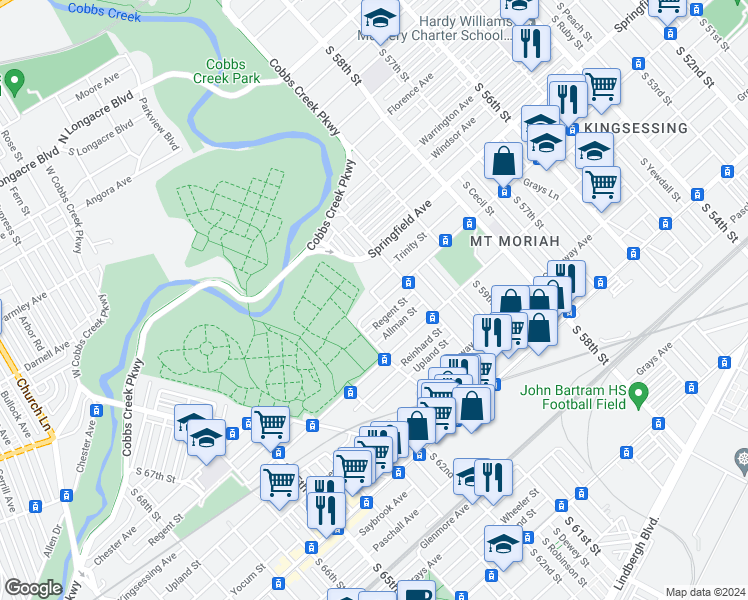 map of restaurants, bars, coffee shops, grocery stores, and more near 6045 Chester Avenue in Philadelphia
