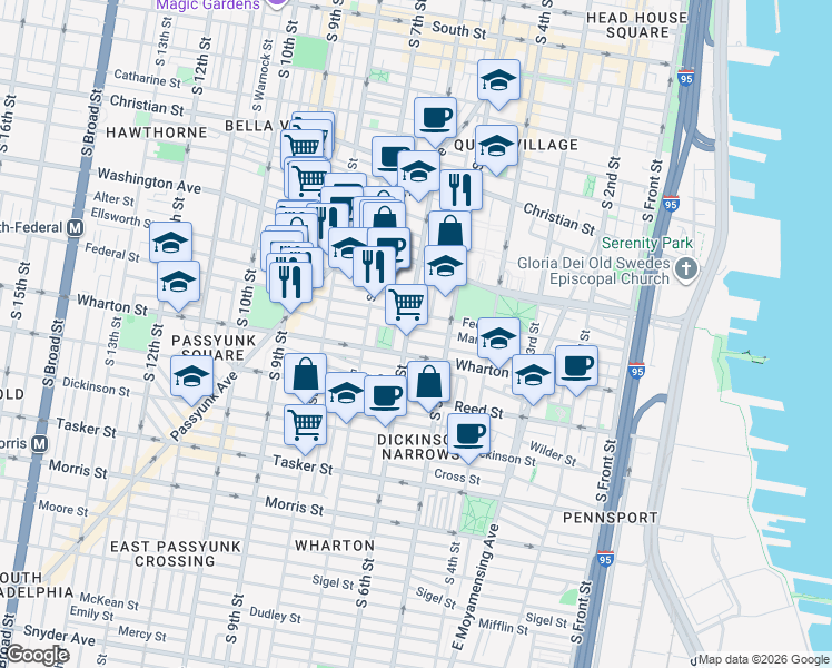 map of restaurants, bars, coffee shops, grocery stores, and more near 544 Manton Street in Philadelphia