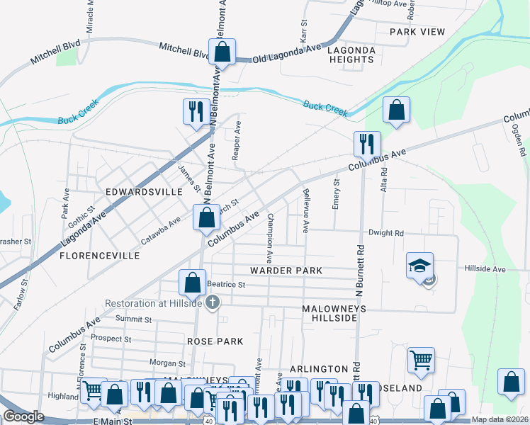 map of restaurants, bars, coffee shops, grocery stores, and more near 2169 Columbus Avenue in Springfield