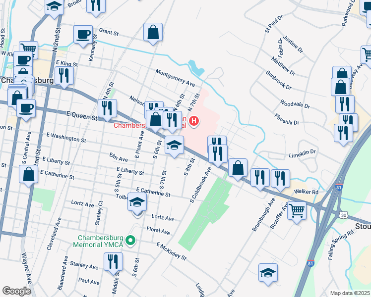 map of restaurants, bars, coffee shops, grocery stores, and more near 714 Lincoln Way East in Chambersburg