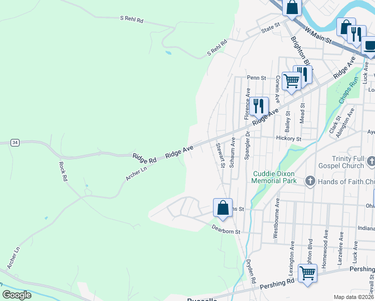 map of restaurants, bars, coffee shops, grocery stores, and more near 2040 Ridge Avenue in Zanesville