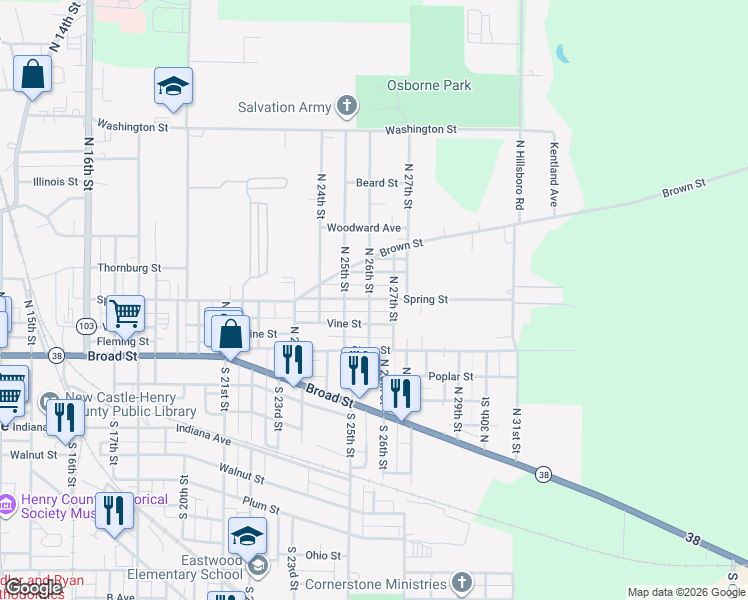 map of restaurants, bars, coffee shops, grocery stores, and more near 376 North 26th Street in New Castle