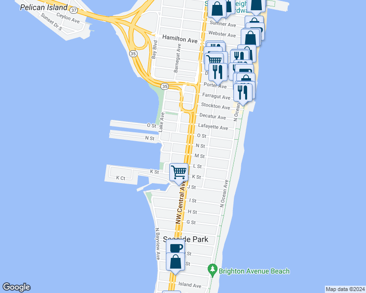 map of restaurants, bars, coffee shops, grocery stores, and more near 109 N Street in Seaside Park