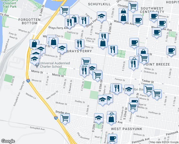 map of restaurants, bars, coffee shops, grocery stores, and more near 1600 South Bailey Street in Philadelphia