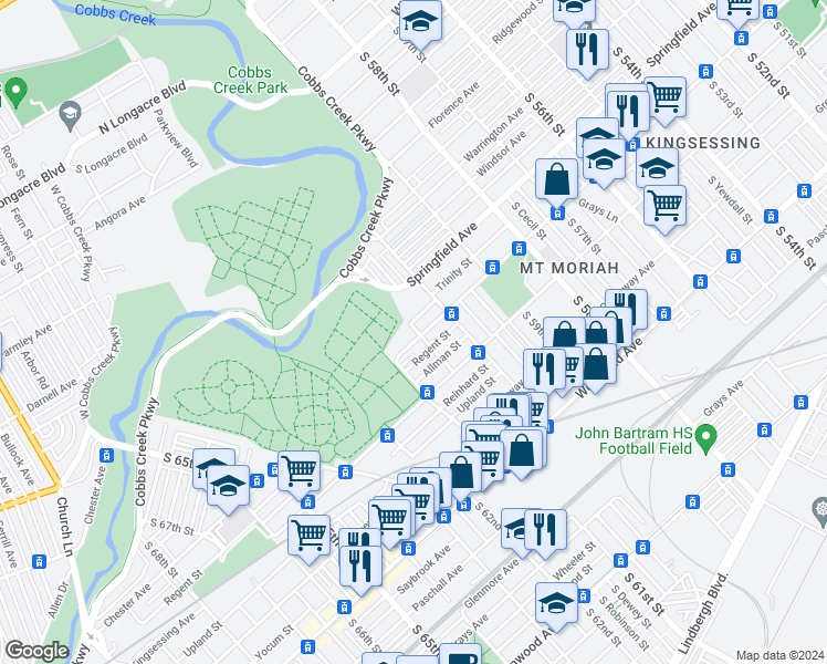 map of restaurants, bars, coffee shops, grocery stores, and more near 6045 Chester Avenue in Philadelphia
