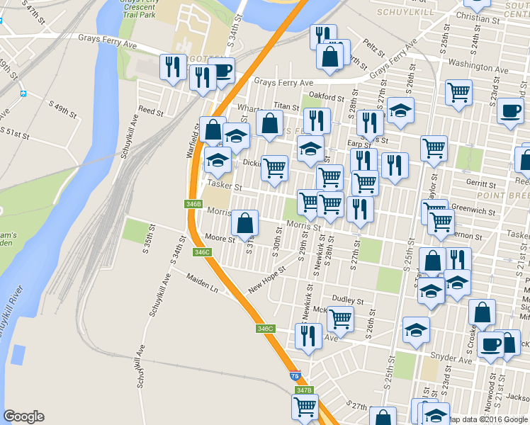map of restaurants, bars, coffee shops, grocery stores, and more near 1618 South Corlies Street in Philadelphia