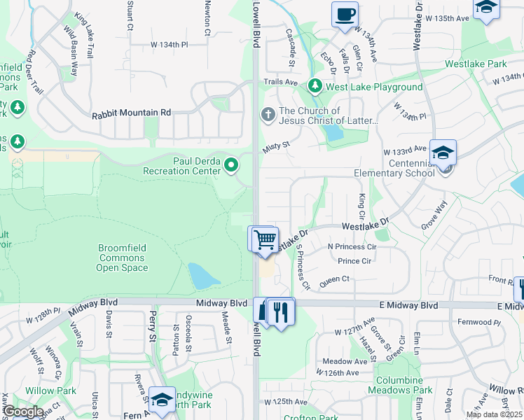 map of restaurants, bars, coffee shops, grocery stores, and more near 3590 West 131st Avenue in Broomfield