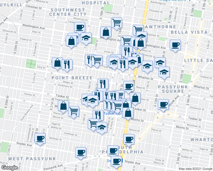 map of restaurants, bars, coffee shops, grocery stores, and more near 1416 South Bancroft Street in Philadelphia