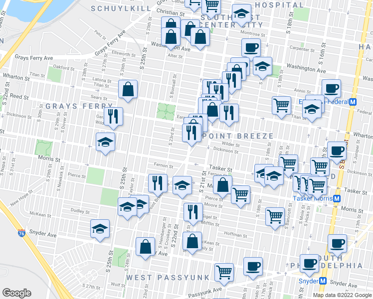 map of restaurants, bars, coffee shops, grocery stores, and more near 1514 South 22nd Street in Philadelphia